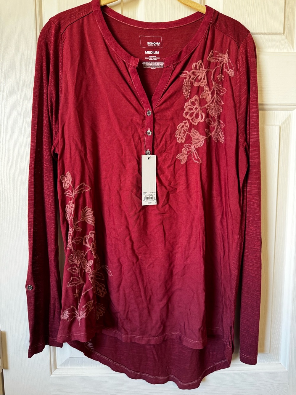Sonoma Burgundy Floral Embroidered Long-Sleeve Henley
